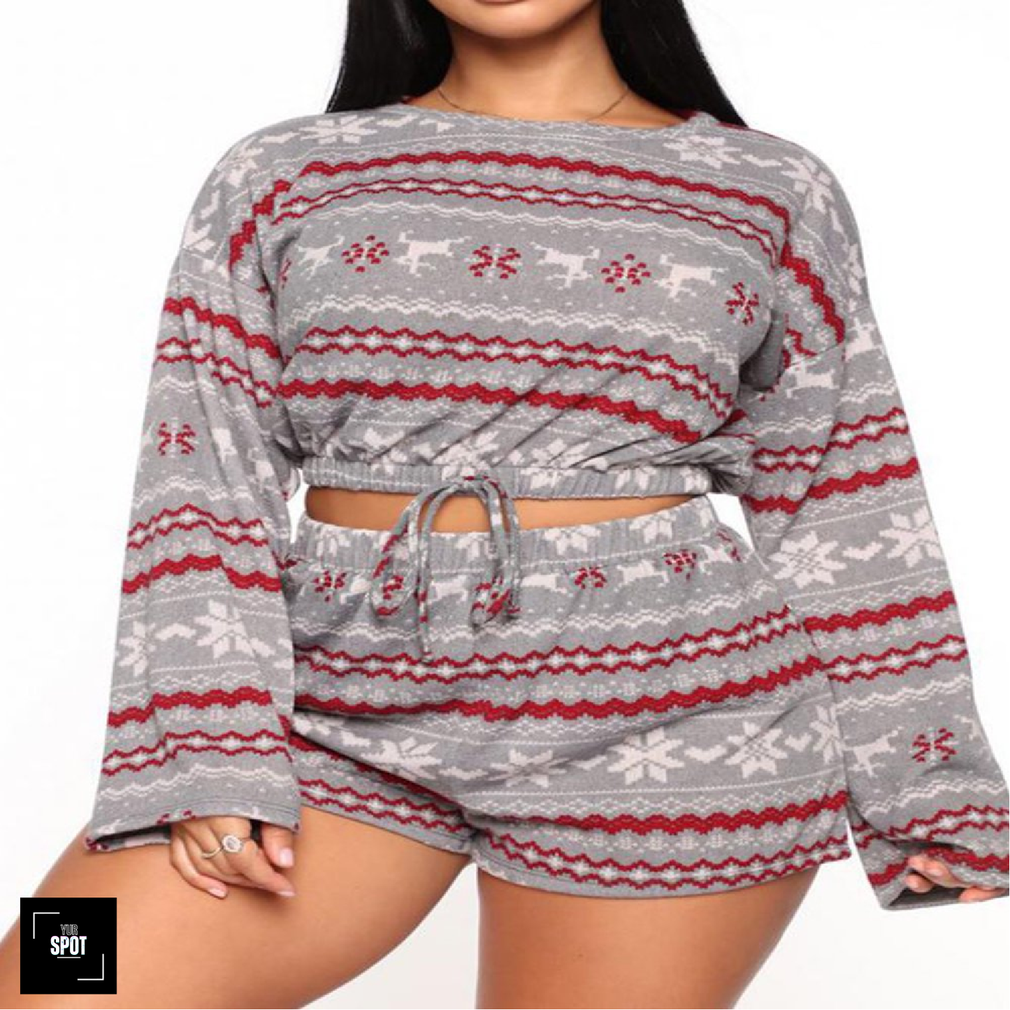 Women's 2-Piece Christmas Pajama Set - Snowflake Print Crop Top with Shorts - Cozy Knit Holiday Loungewear