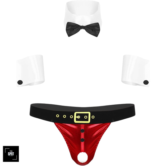 Seductive Santa Costume for Men: Complete with Tuxedo, Bow Tie, and Man Thong for Festive Role Play