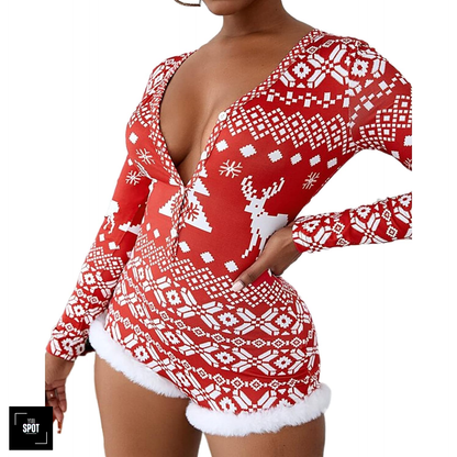 "Cozy and Chic: Festive Women's Christmas Jumpsuit Onesie with Long Sleeves"