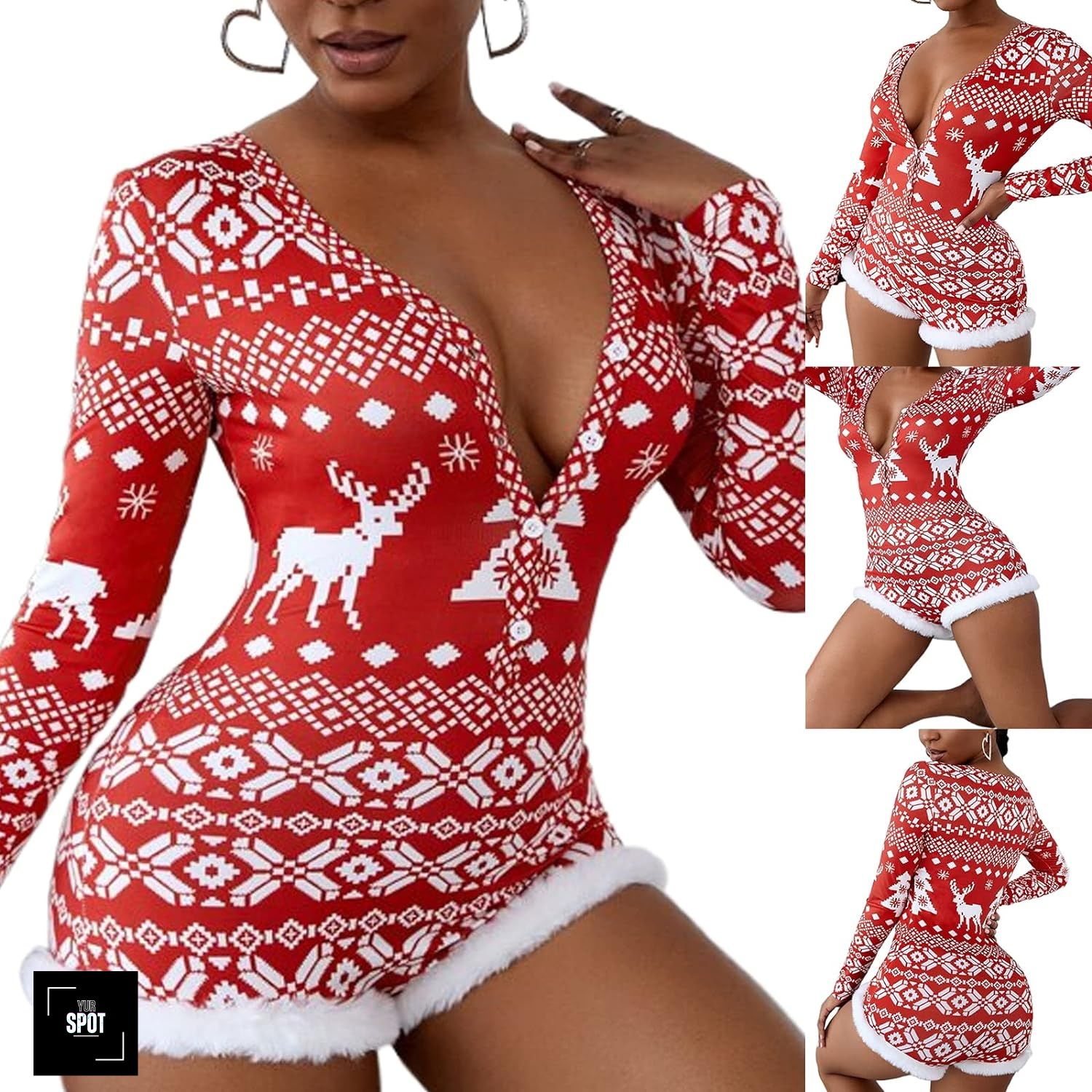 "Cozy and Chic: Festive Women's Christmas Jumpsuit Onesie with Long Sleeves"